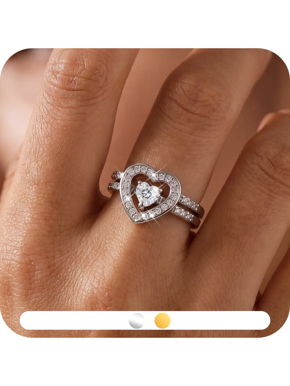 Heart Moissanite Ring Set for Women, 2PCS Stackable Wedding Ring Set,925 Sterling Silver Plated Promise Rings,Dainty Engagement Jewelry Gift for Her Size 7