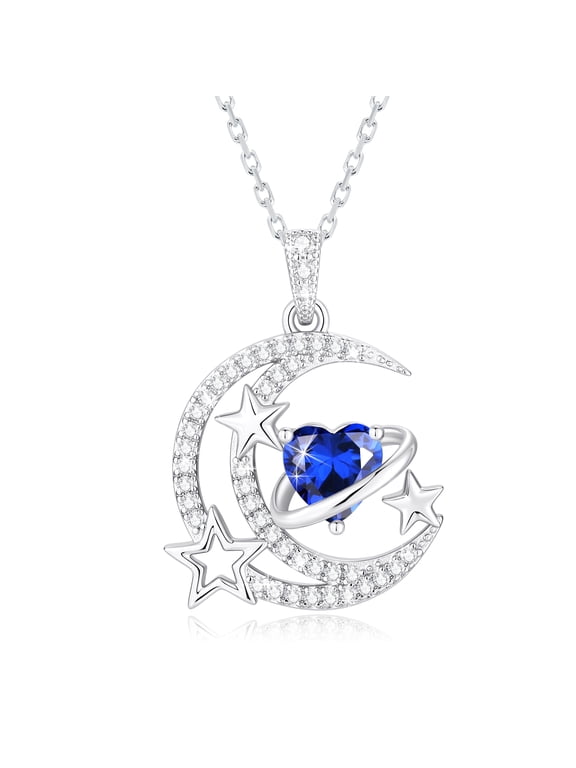 Moon Star Heart Necklace for Women,S925 Sterling Silver September Sapphire Birthstone Heart Pendant Necklace,Jewelry Gift for Her Wife Mom Girlfriend,Birthday Valentine’s Day Mother’s Day Gift
