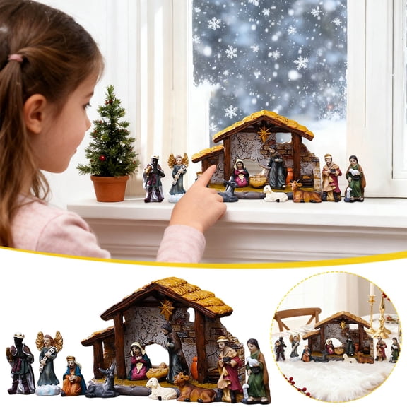 Ynsdnzl 12-Piece Resin Nativity Scene Set With Stable & Animals - Hand-Painted Religious Figurines for Christmas Tabletop & Mantel Display