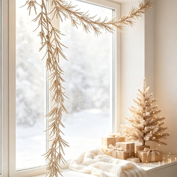 Ynsdnzl 180CM Champagne Glitter Christmas Garland - Champagne Gold Powder Leaves With Flexible Branches, Sparkly Vine for Mantel, Tree, Staircase & Holiday Decor