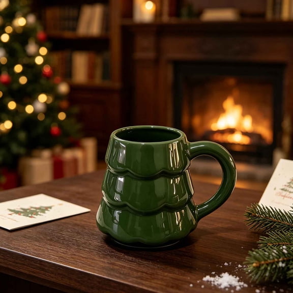 Ynsdnzl Ceramic Christmas Tree Shaped Coffee Mug, Winter Holiday Hot Chocolate Cup, Drinkware for Family Breakfasts, Cozy Reading Corner Christmas Decor, Green