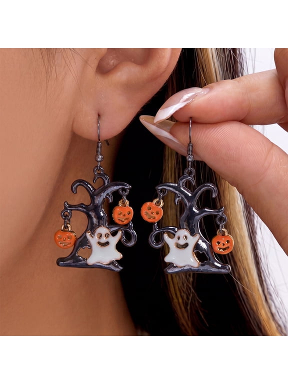 Halloween Enamel Alloy Dangle Earrings Set 2 Ghost & Pumpkin, Jewelry for Women & Gothic Cosplay, Perfect Party Holiday Accessory & Spooky Fashion Statement