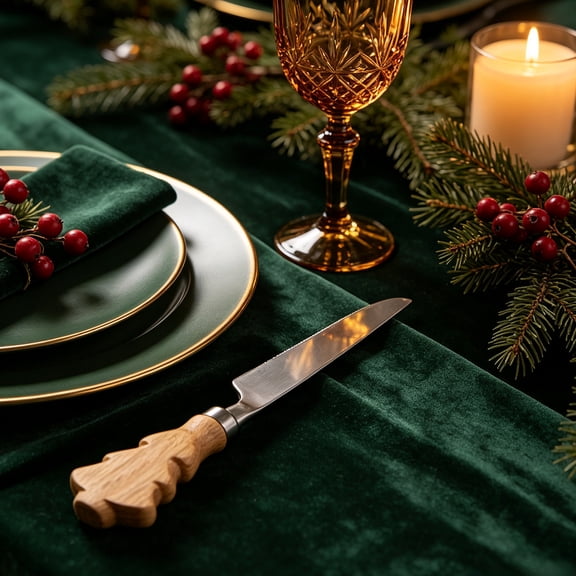 Ynsdnzl Wooden Christmas Tree Handle Flatware, Stainless Steel Dinner Knife, Rustic Dining Tableware, Winter Banquet Christmas Decor