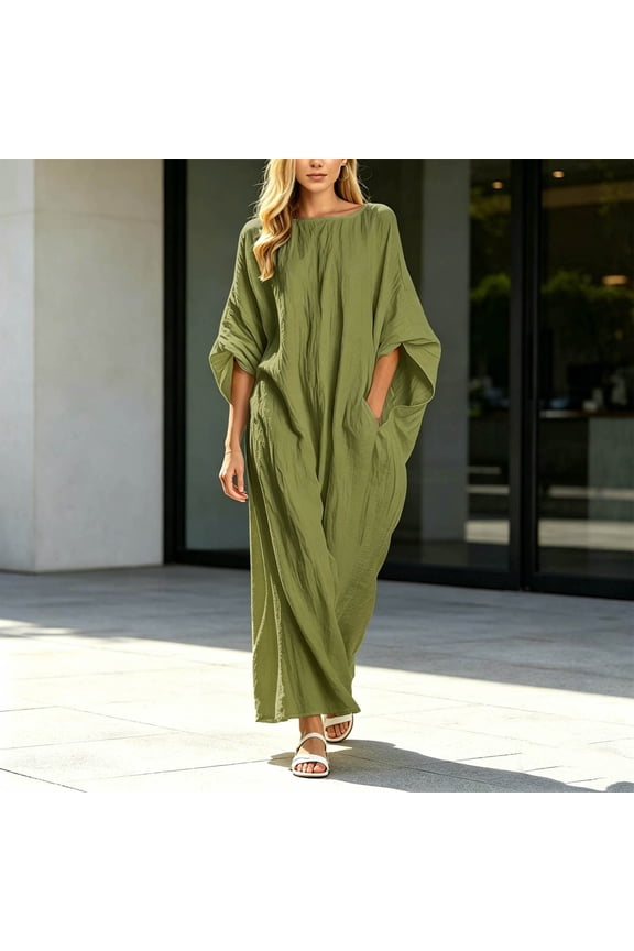 Women's 100%Cotton Caftan Harem Boat Neck Dolman Sleeve Oversized Maxi Dress Moo Moos with Pockets, Casual Beach & Vacation Wear