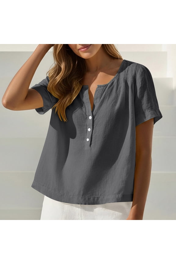 Women's 100%Cotton Henley Button Blouses - Short Sleeve Pleated Front Solid Color Casual Summer Tops