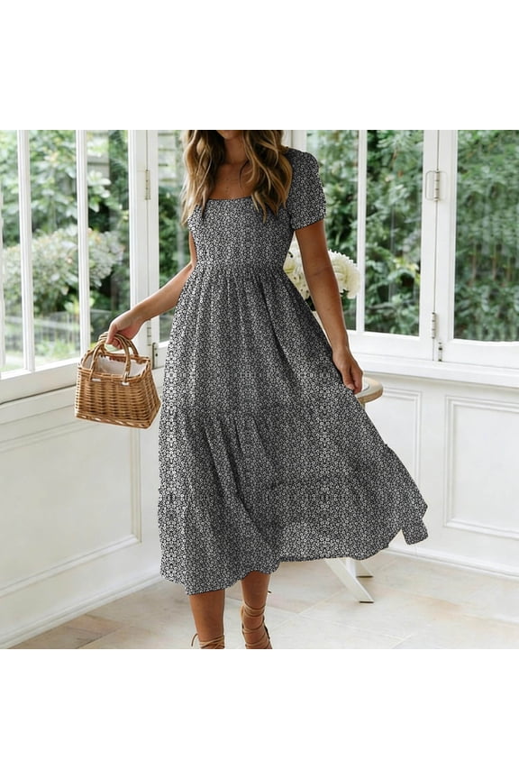 Women's Boho Flowy A Line Long Sleeve Midi Square Neck Floral Midi Dress Smocked Spring Fall Wedding Guest Dresse
