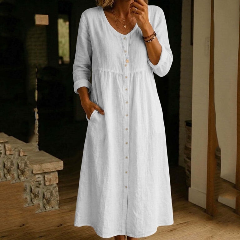 linen dress midi white button White Midi Shirt Dress