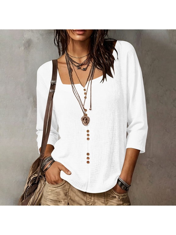 100%Cotton Button Down Shirt 3/4 Sleeve Tops Square Neck Blouses Dressy Casual Loose Fit Vacation Beach Tunic Clothes