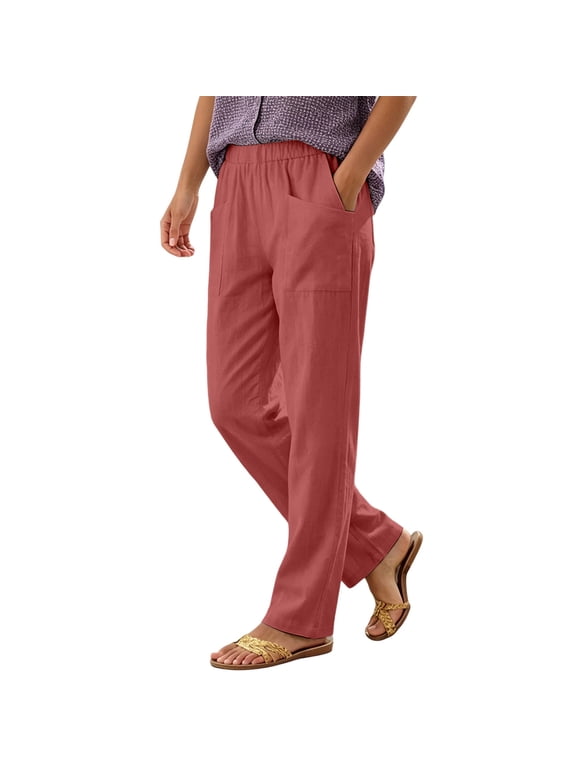 100%Cotton Pants for Women High Waist Trousers Tummy Control Office Straight Leg Trousers Ladies Slacks with Pockets