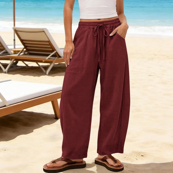 Ynynloco 100%Cotton Wide Leg Pants for Women Flowy Palazzo Drawstring Elastic Waist Trousers with Pockets Summer Beach Vacation Clothes