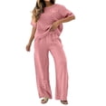 thumbnail image 1 of Ynynloco 2 Piece Cotton Linen Outfits for Women Casual Tracksuit Short Sleeve Tops And Wide Leg Long Pants Matching Lounge Sets, 1 of 8