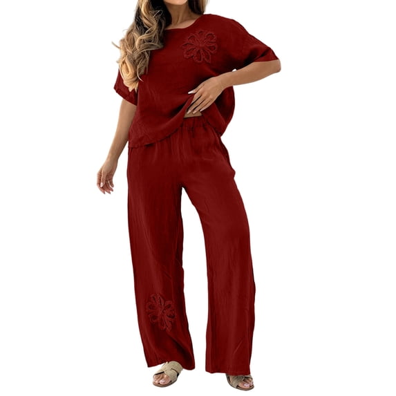 Ynynloco 2 Piece Cotton Linen Outfits for Women Casual Tracksuit Short Sleeve Tops And Wide Leg Long Pants Matching Lounge Sets