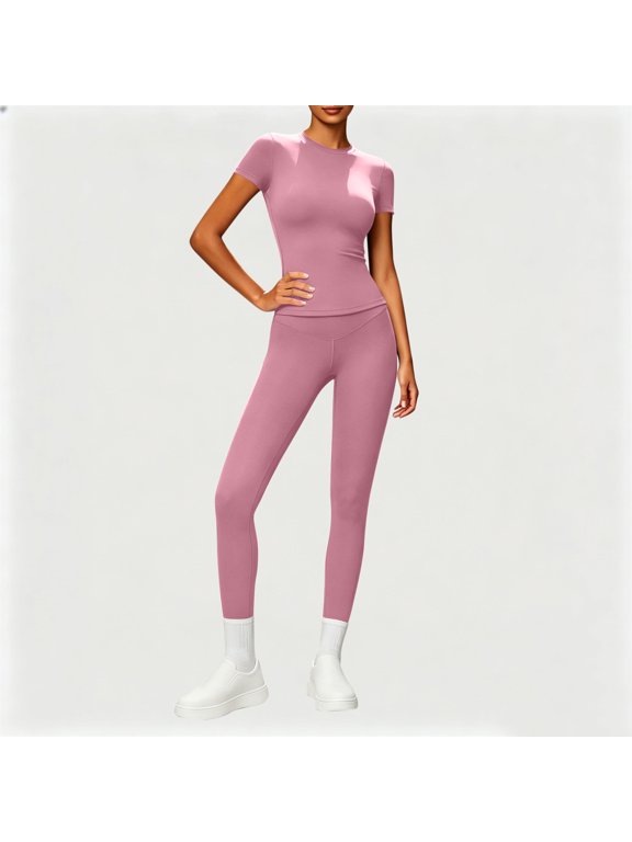 2 Piece Sets for Women Summer Casual Jogger Workout Outfits Fitted Crew Neck T-shirt High Waist Tummy Control Yoga Legging Sets