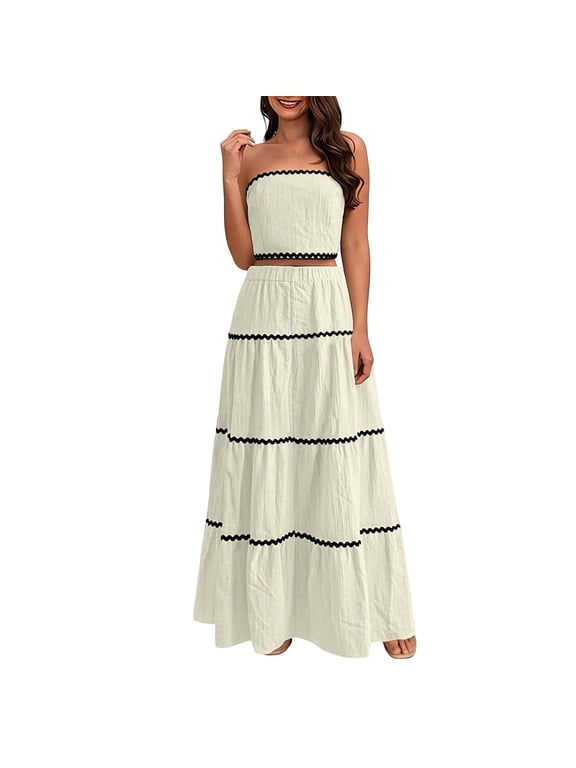 2 Piece Skirt Sets for Women Summer, Sleeveless Tube Top Tiered Maxi Skirts Y2k Vacation Going Out Outfits