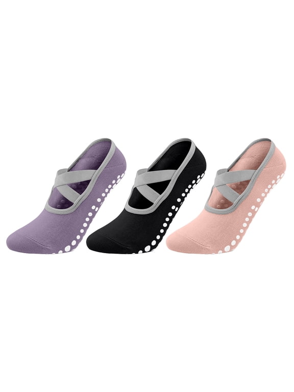 3 Pack Pilates Socks for Women Non Slip Grip, Yoga Socks with Grippers for Barre, Hospital, Ballet, Dance, Workout