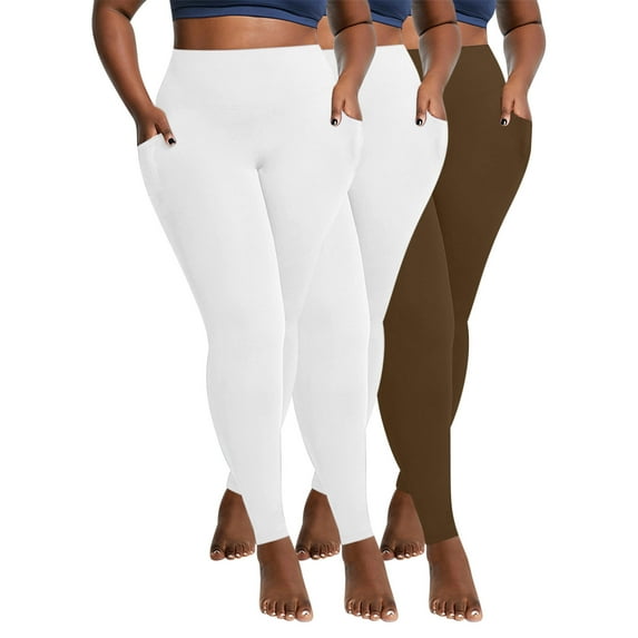 Ynynloco 3 Pack Plus Size Leggings with Pockets for Women High Waisted Tummy Control Gym Workout Running No See-Through Leggings