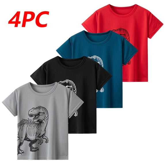Ynynloco 4Pcs Dinosaur Shirts for Boys Girls 3-14 Years, 3D Party Crew Neck Short Sleeve T-Shirts for Kids Graphic Tees