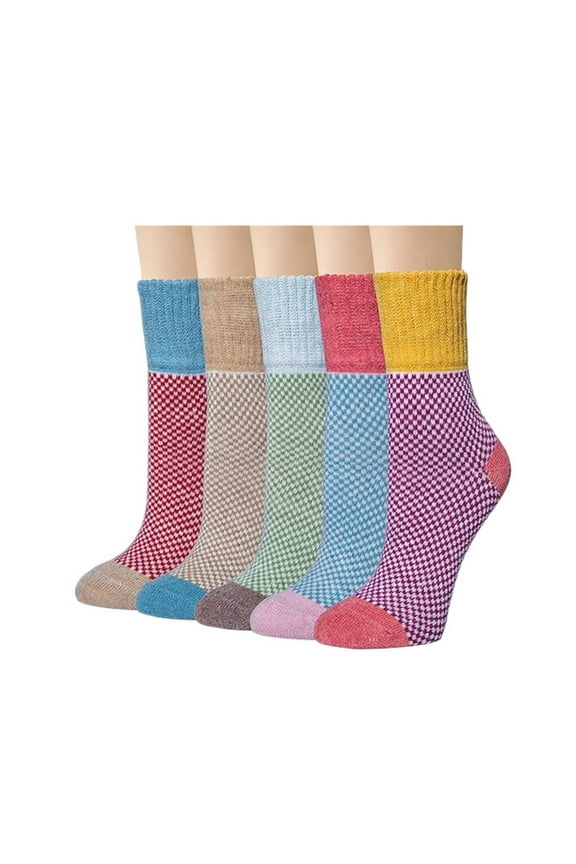5 Pairs Womens Vintage Cozy Crew Socks Color Block Checkered Soft Cute Cotton Socks Exquisite Patterns Socks