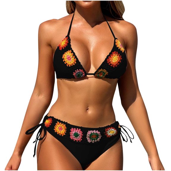 Ynynloco Bathing Suit for Women Halter Off-Shoulder Print Triangle Backless Top with Tie Side String Cheeky Bathing Suits