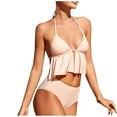 thumbnail image 1 of Ynynloco Bathing Suit for Women Two Piece Ruffled Halter Deep V Neck Backless Tops Stretch Solid Color Short Swimsuit, 1 of 5