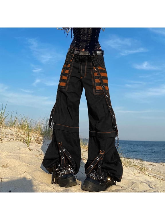 Black Cargo Pants for Women Women Loose Street Rock Style Casual Black Pants Wide Leg Baggy Punk Jeans with Chain Goth Pants