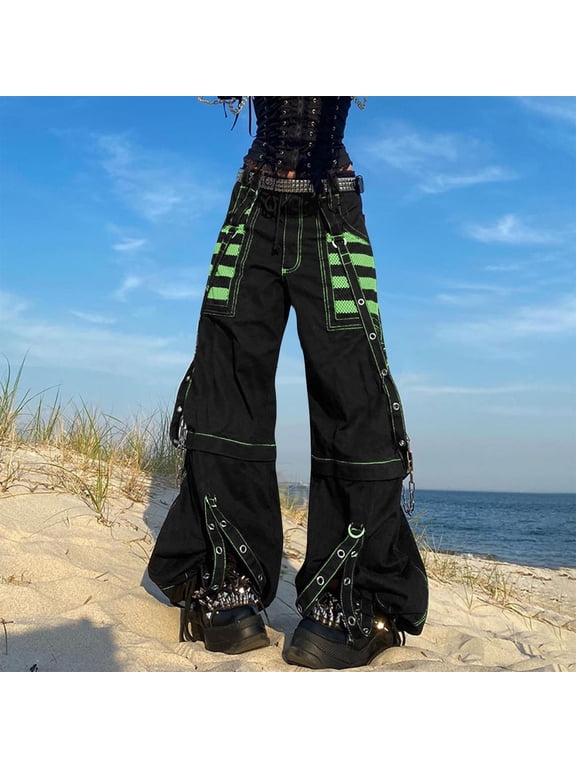 Black Cargo Pants for Women Women Loose Street Rock Style Casual Black Pants Wide Leg Baggy Punk Jeans with Chain Goth Pants