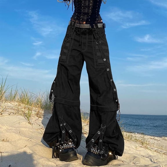 Ynynloco Black Cargo Pants for Women Women Loose Street Rock Style Casual Black Pants Wide Leg Baggy Punk Jeans with Chain Goth Pants