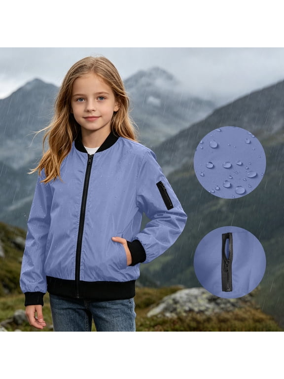 Boys Girls Varsity Baseball Waterproof Rain Jacket Zip Up Windbreaker Bomber Jacket Thin Easy to Fold 5-16Years