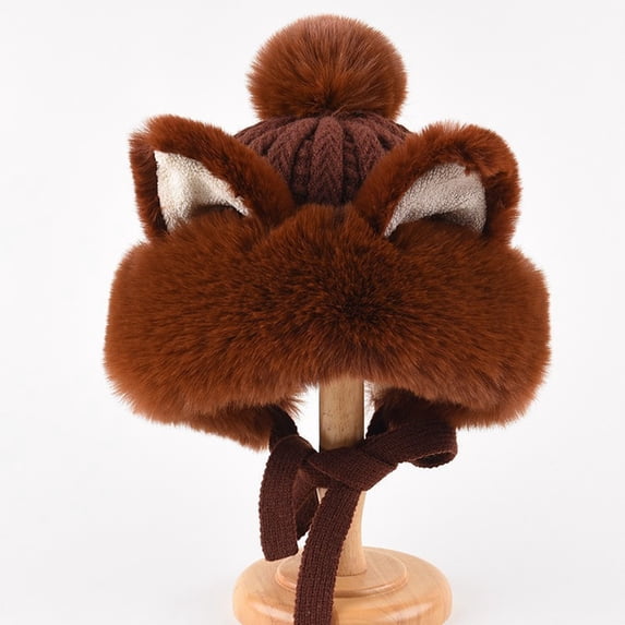 Ynynloco Cat Ear Beanie with Ear Flap Pompom Knit Trapper Hat Cute Fox Ears Hat Y2k Gothic Handmade Crochet Beanie for Women Teen Girls Snow Winter