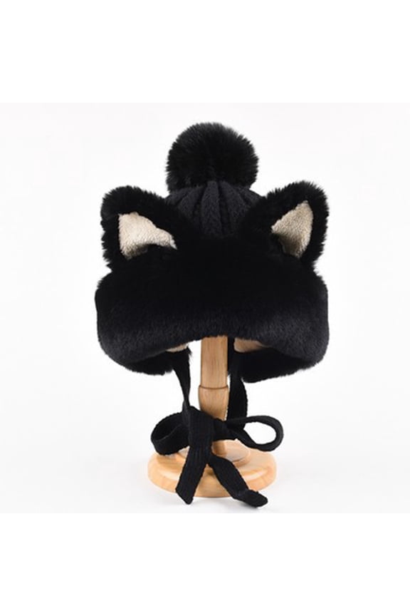 Cat Ear Beanie with Ear Flap Pompom Knit Trapper Hat Cute Fox Ears Hat Y2k Gothic Handmade Crochet Beanie for Women Teen Girls Snow Winter