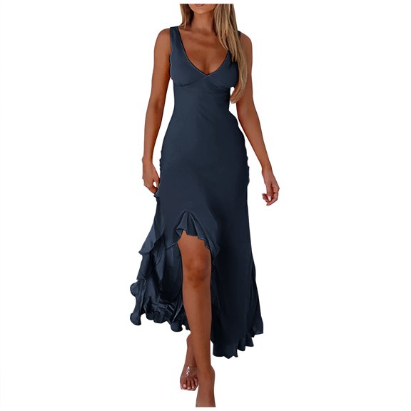 Ynynloco Chiffon Ruffle Asymmetrical Midi Dress - V-Neck Spaghetti Strap Flowy Cocktail Dress for Summer & Date Night