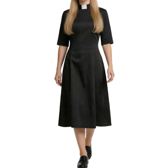 Ynynloco Church Clergy Dress for Women Minister Half Sleeve Loose Elegant Midi Dress with Tab Collar Priestess