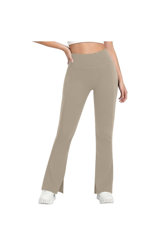 Cloud Feeling Women High Waist Flare Yoga Pants Casual Side Pocket Split Hem Stretchy Solid Color Flare Trousers