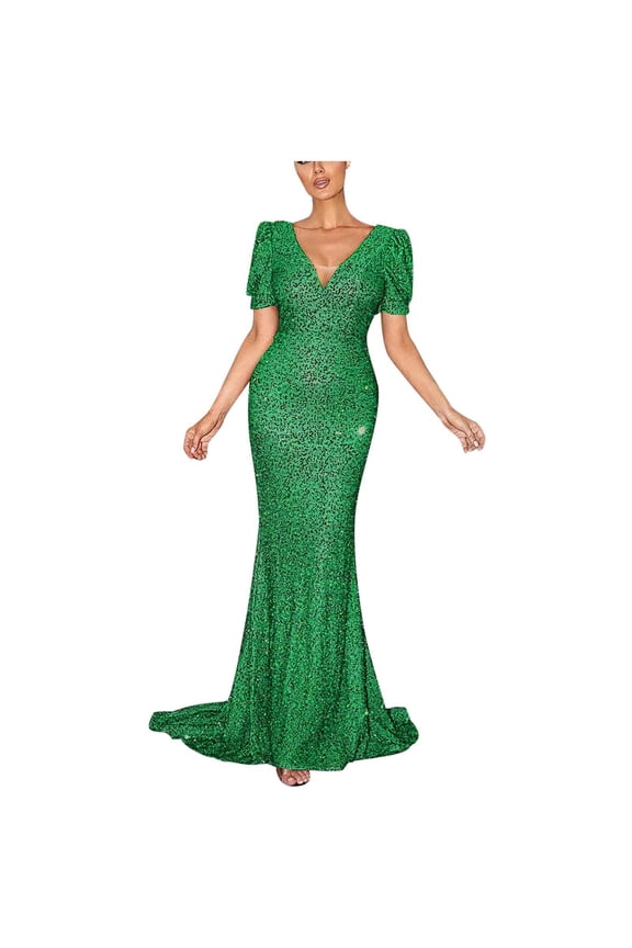 Cocktail Dresses for Women Deep V Neck Sequin Short Sleeve Maxi Dress for Formal Evening Party Bridesmaid