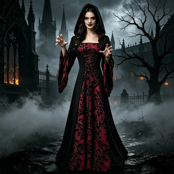 Ynynloco Colorful House Womens Medieval Renaissance Princess Retro Gown Costume Dress Vintage Vampire Halloween Hooded Gown