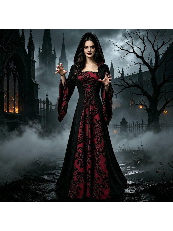 Colorful House Womens Medieval Renaissance Princess Retro Gown Costume Dress Vintage Vampire Halloween Hooded Gown