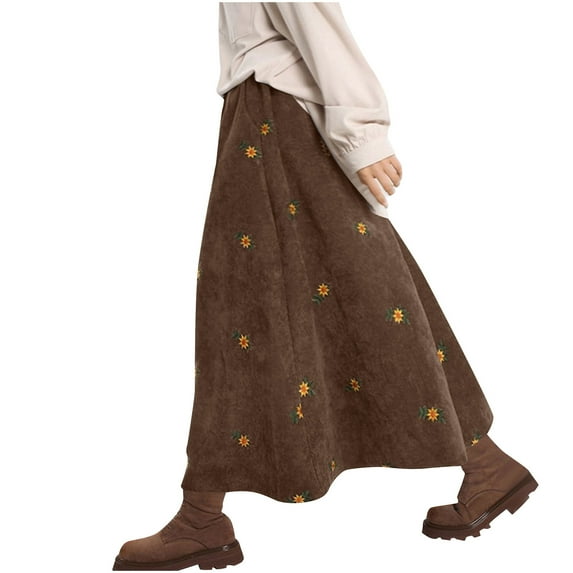 Ynynloco Corduroy Midi Skirt for Women Floral Embroidery Elastic High Waist A Line Long Skirt Ruffle Forest Series Over Knee Skirt