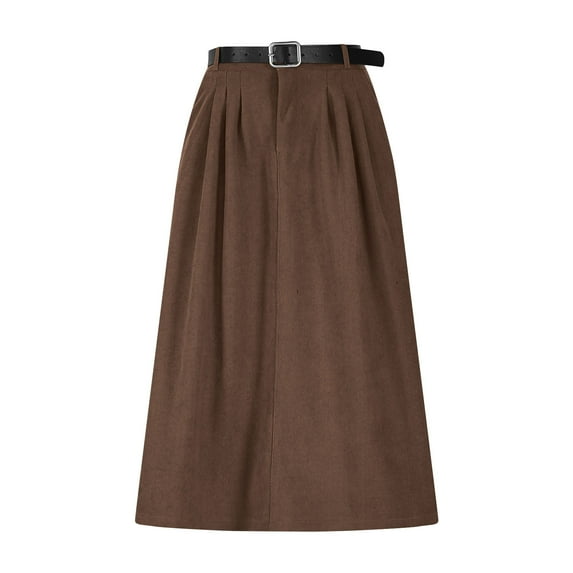 Ynynloco Corduroy Skirt for Womens Elastic High Waist Stretch A-Line Midi Skirt with Belts Solid Color Loose Fit Comfy Long Skirt
