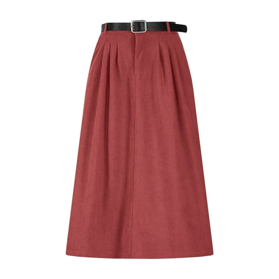Ynynloco Corduroy Skirt for Womens Elastic High Waist Stretch A-Line Midi Skirt with Belts Solid Color Loose Fit Comfy Long Skirt