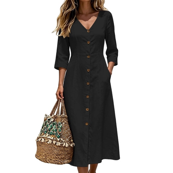 Ynynloco Cotton Linen Dresses for Women High Waisted A-line Button Down Shirt Dresses Long Sundress Long Sleeve Beach Travel Cover Up