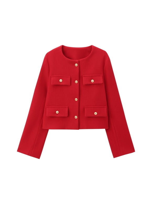 Cropped Tweed Blazer Jackets for Women Elegant Slim Collarless Business Casual Outfits Spring Fall Outfits
