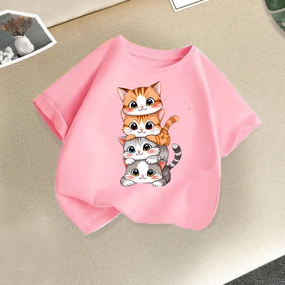 Ynynloco Cute Shirts for boy Girls Short Sleeve Cat Graphic Tees Crewneck Cartoon Casual Cotton T-Shirt Kids Summer Tops Clothes