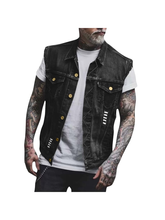 Denim Vest for Men Lapel Sleeveless Retro Ripped Frayed Edge Casual Jean Vest for Men's Layering Outerwear