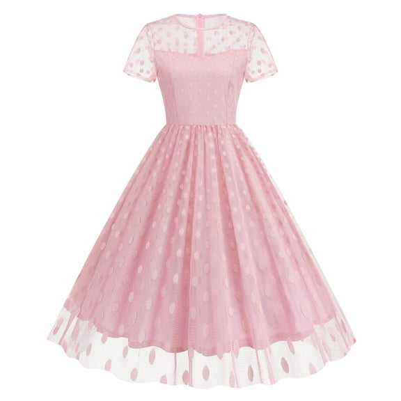 Ynynloco Dresses for Women Round Neck See-Through Short Sleeve Polka Dot Maxi Dresses Audrey Hepburn Rockabilly Cocktail Party Dress