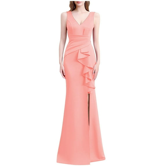 Ynynloco Dresses for Women Sleeveless V-Neck Slit Leg Solid Color Dresses for Cocktail Parties and Wedding Guest