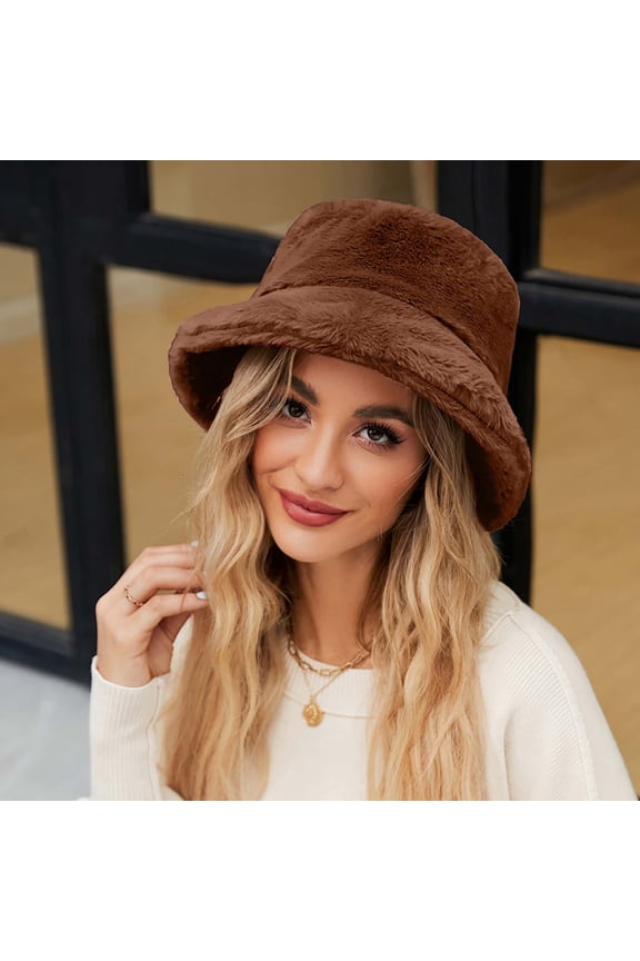 Fuzzy Bucket Hats for Woman & Men- Fashion Warm Winter Faux Fur Hats Solid Color Cute Soft Fluffy Rave Fisherman Cap