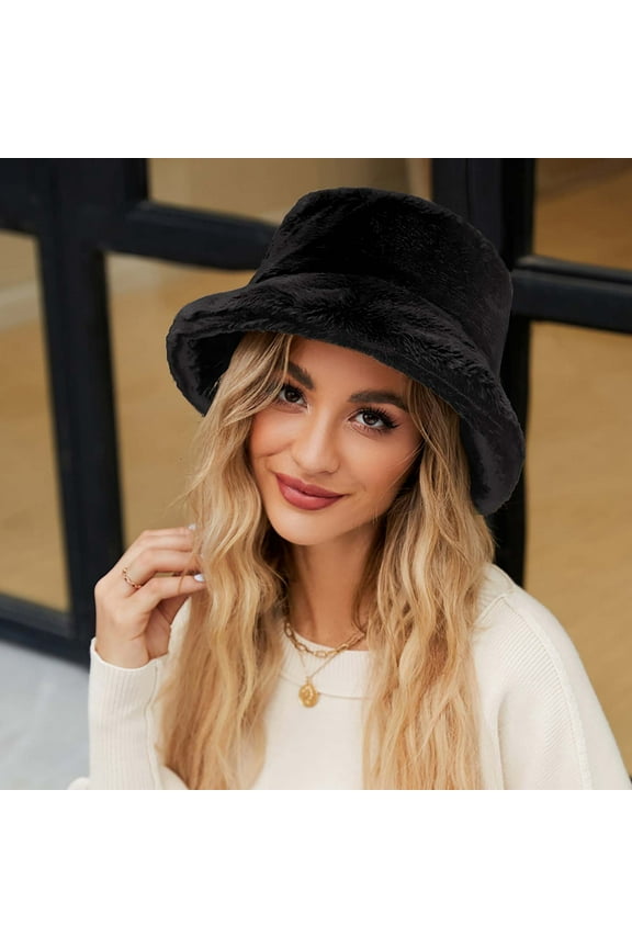 Fuzzy Bucket Hats for Woman & Men- Fashion Warm Winter Faux Fur Hats Solid Color Cute Soft Fluffy Rave Fisherman Cap