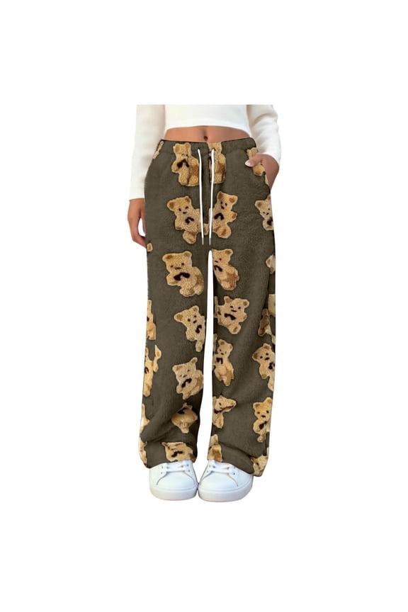 Fuzzy Plush Pants for Women Cute Bear Graphic Drawstring Elastic Waist Fleece Long Pant Wide Leg Fall Winter Warm Pant for Indoor and Outdoor