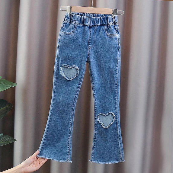 Ynynloco Girl's High Elastic Waist Denim Pants Ripped Flare Bell Bottom Jeans High Waist Denim Pants with Pockets