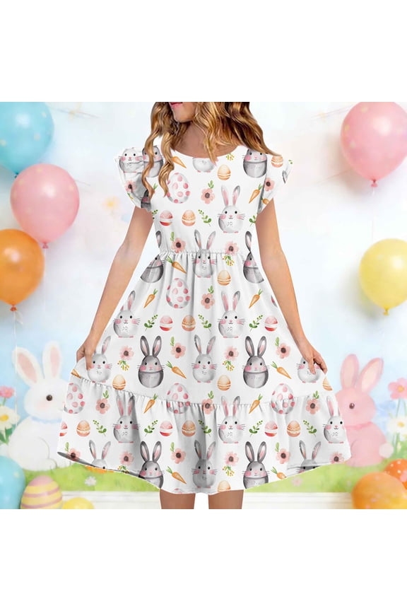 Girl's Summer Easter Bunny Print Dress Ruffle High Waist Ruched Sweetheart A Line Spring Dress